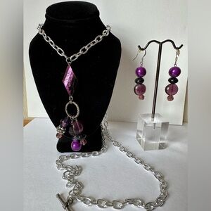 Purple Statement Necklace & Earring Set - Silver Toggle